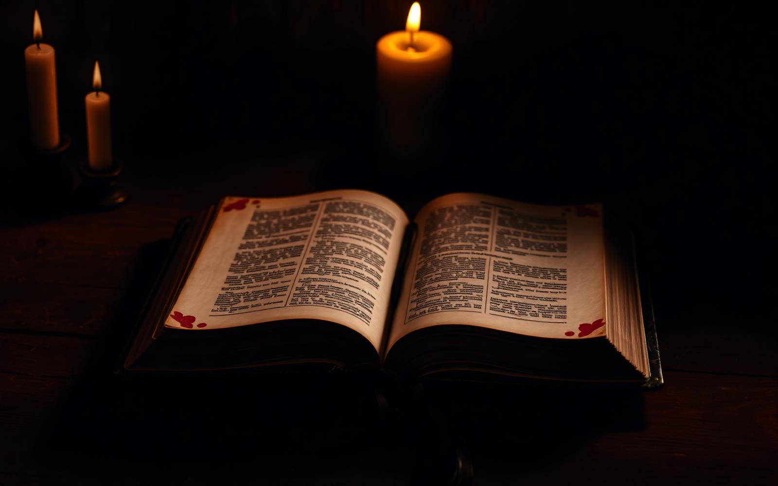 An open Bible by candlelight